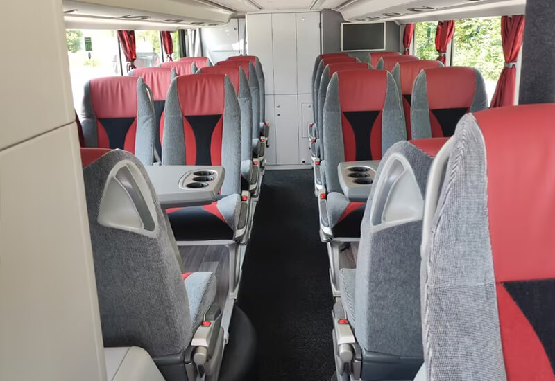 Setra double-deck coach cabin with red and grey seats